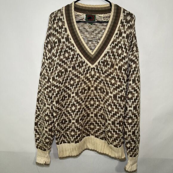 Vintage 90s Boston Traders V Neck Sweater Mens Size Large Brown Geometric Knit - Picture 1 of 10